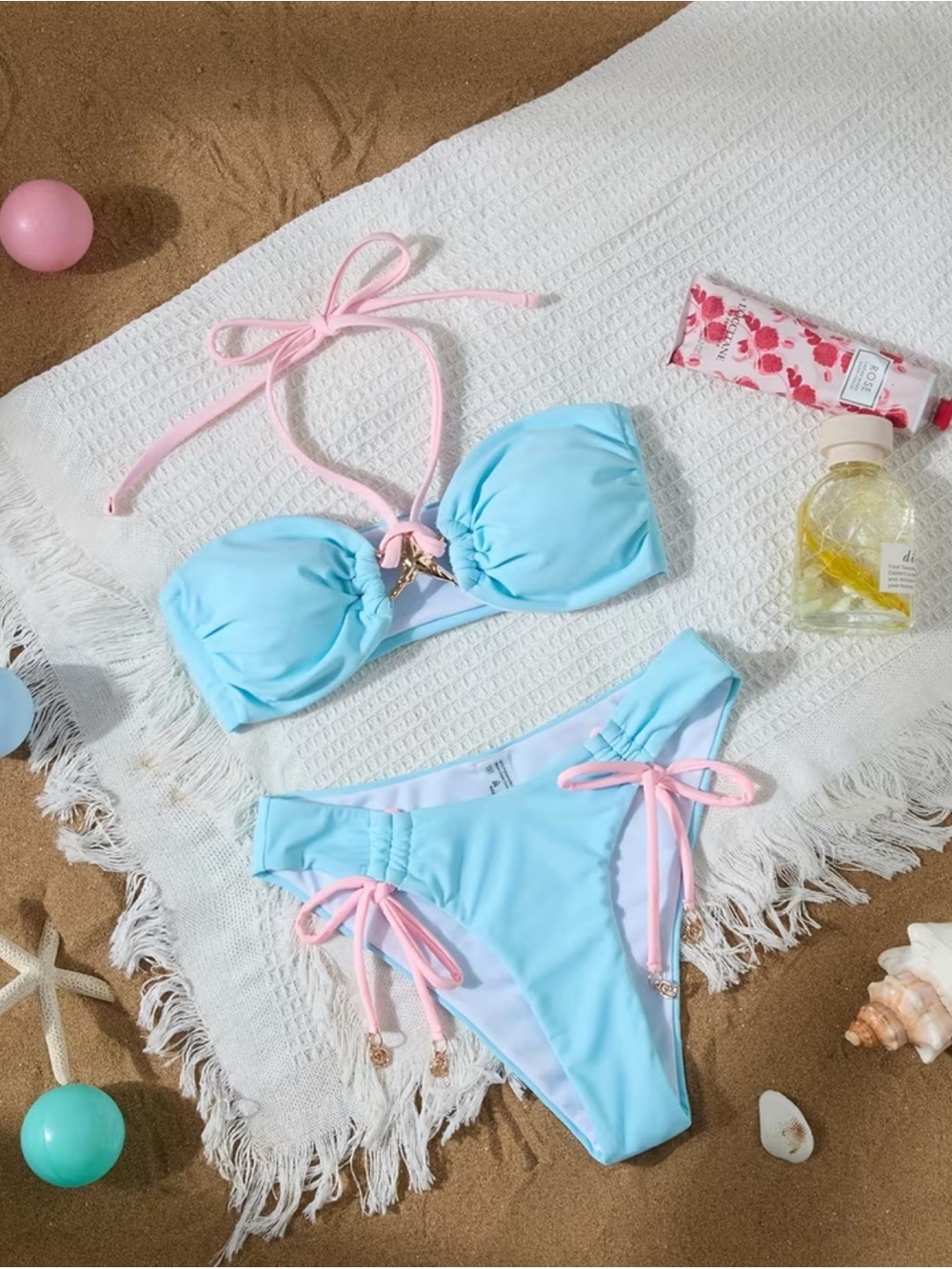 Kids Light Blue Bikini with Pink Ties - Children's Swim Set